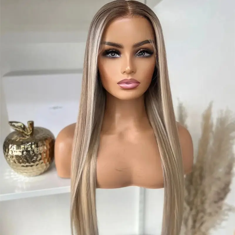 

26 Inch Long Straight Wig 13x4 Free Part Ombre Ash Blonde Brown 13x4 Synthetic Lace Front Wigs Preplucked Hairline Glueless Wigs