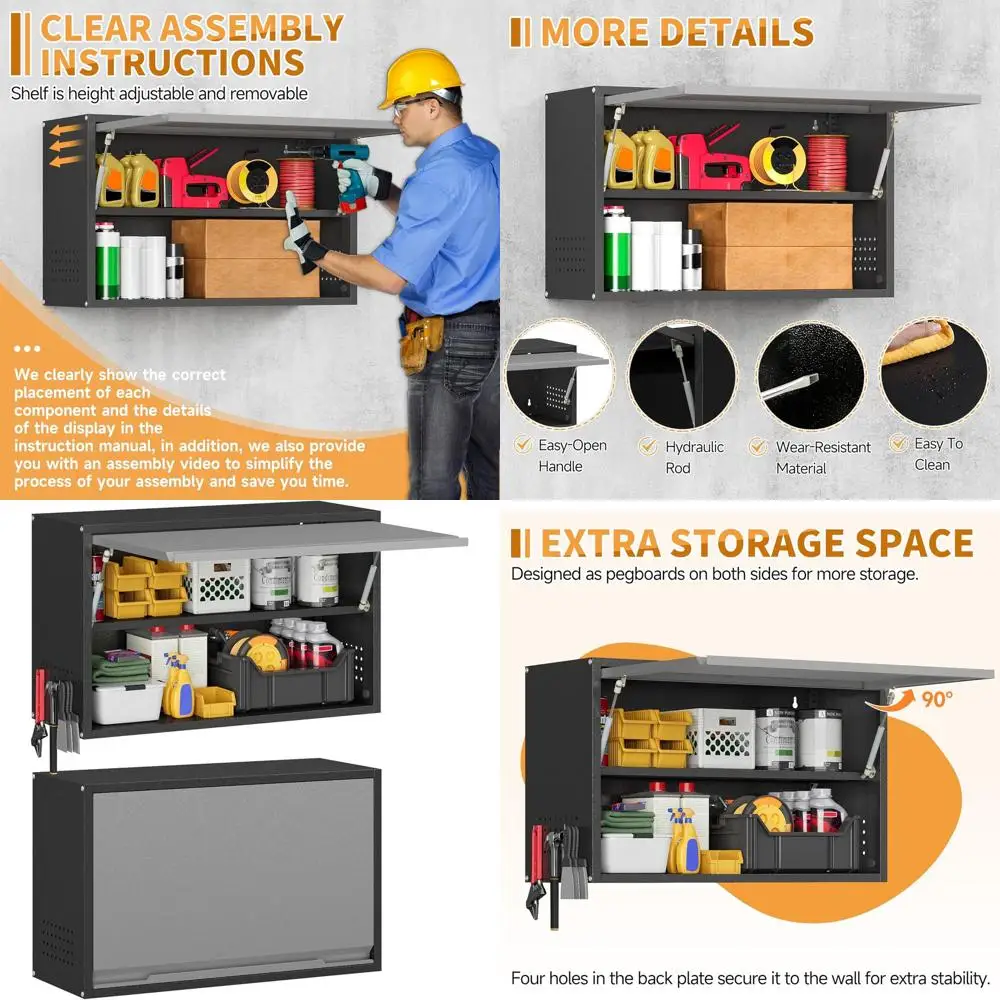 

Металлический настенный шкаф с откидной дверцей, регулируемой полкой и перфорированной панелью, черно-серый, 19.7H, для кухни, гаража, мастерской