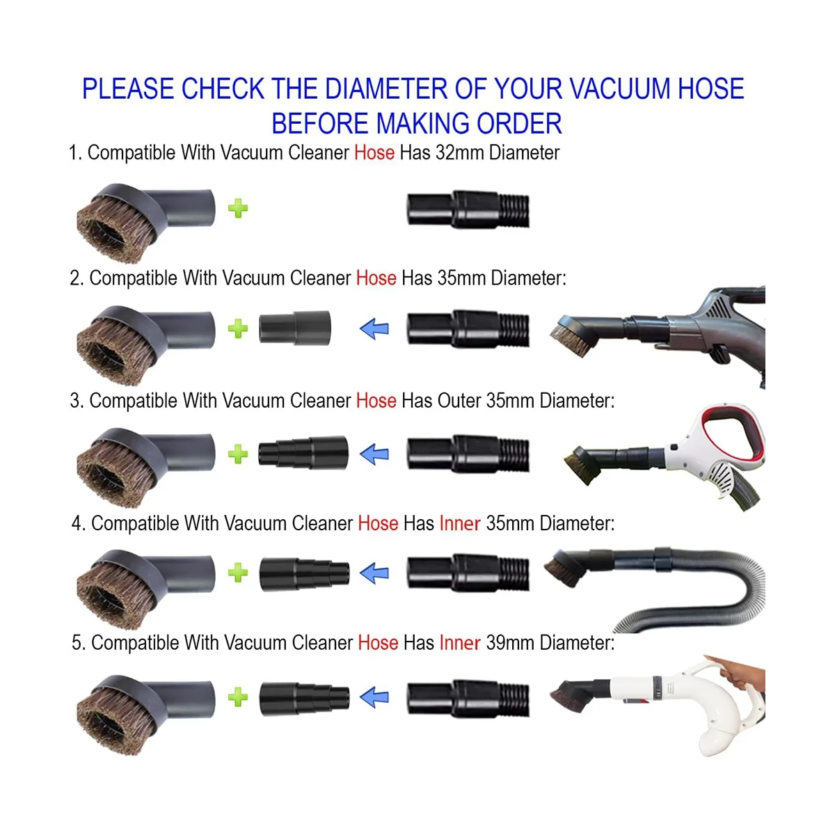 둥근 말털 진공 먼지 브러시 부착물은 1 1/4인치 또는 1 3/8인치 호스가 있는 대부분의 진공 청소기와 호환됩니다.