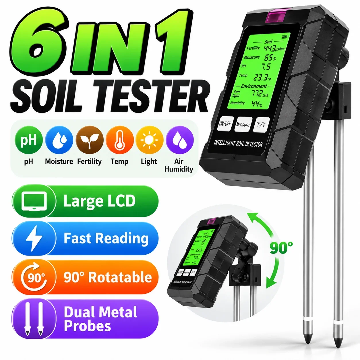 6-in-1 Soil Tester Digital Soil Meter Fertility pH Moisture Temperature Light Air Humidity Detector LCD Display Garden Plant Ana