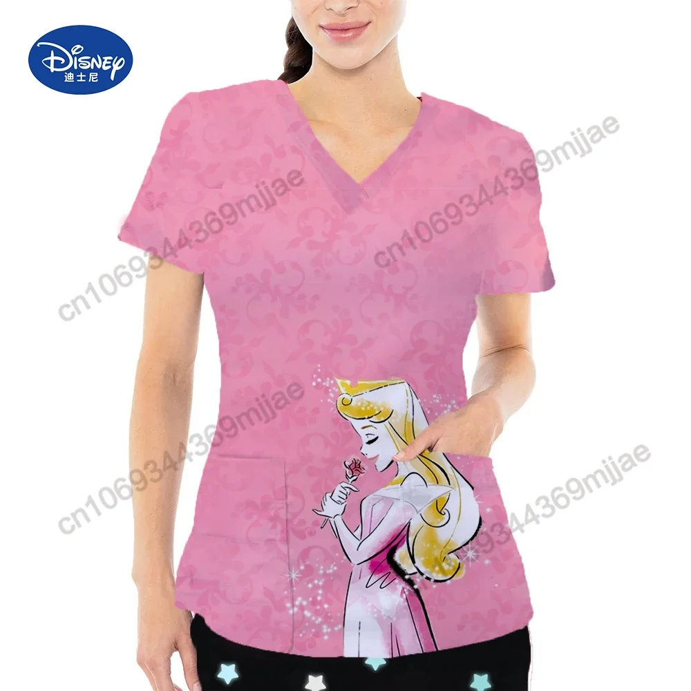 

V-neck Cartoon Pocket Tops for Women Fashion Summer Short Sleeves T-shirts