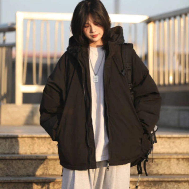 Preppy Padded Jacket Japan Style Thickened Plush Zipper Parkas Women's College Men's and Women's Warm Hooded Loose Winter Coat