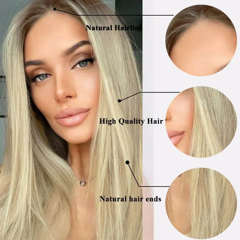 

Synthetic Ash Blonde Ombre Long Straight Lace Front Wig Pre Plucked Blonde Glueless 13x4 Lace Front Wigs for Women Cosplay Use