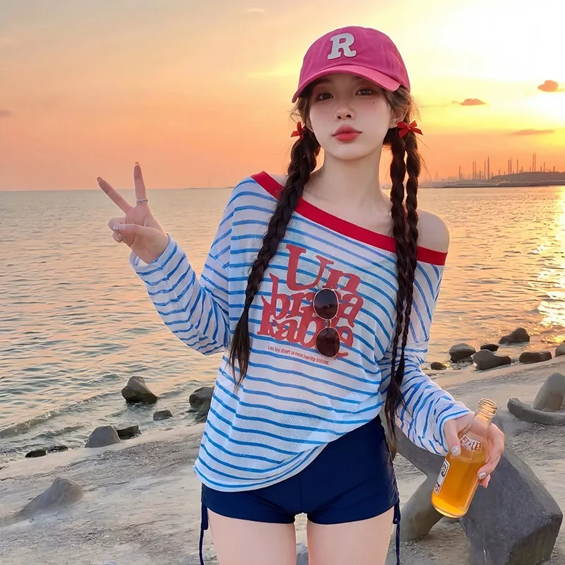 Women's New Three Piece Striped Sexy Swimsuit with Letter Printed Top Transparent Off Shoulder Beach Vacation Swimsuit
