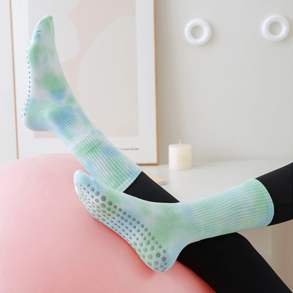 1 para kobiet skarpetki do pilatesu Tie-Dye antypoślizgowe oddychające bawełniane Fitness sportowy treningu jogi i skarpetki podłogowe chwytu do