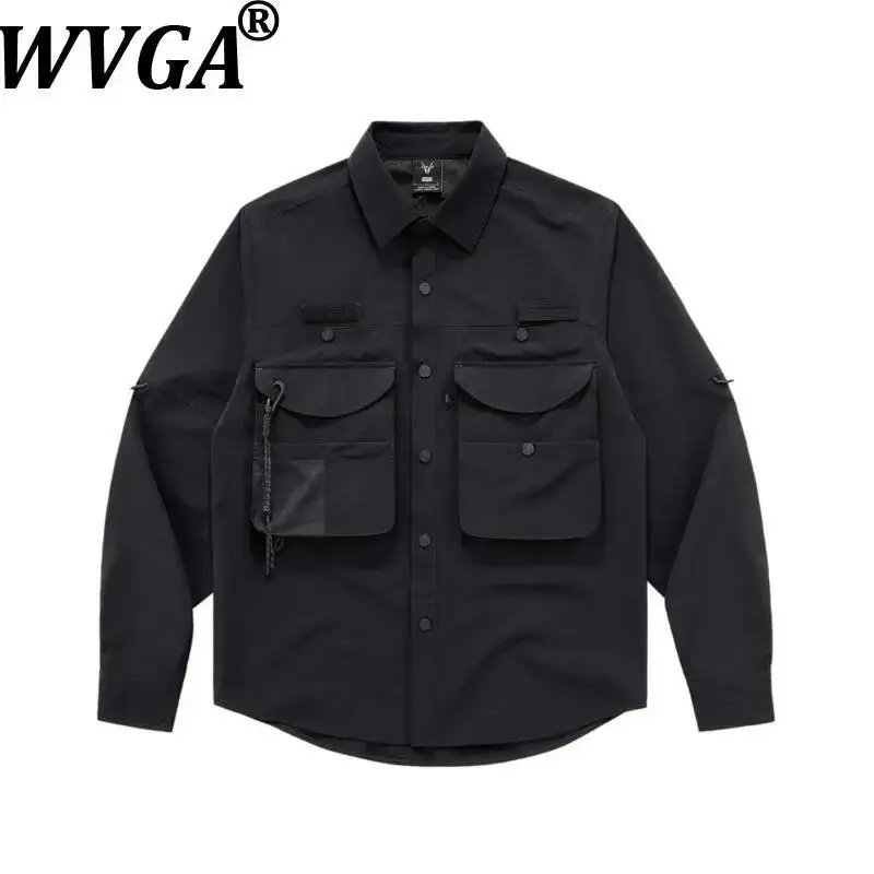 

WVGA Spring Autumn New Man Tide Multi-Pocket Dark Trendy Long Sleeve Shirt Outdoor Drawstring Casual Safari Style Top Ins W11879