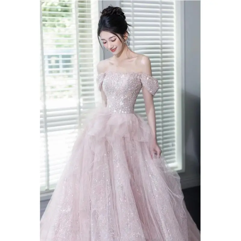 Pink Bride's Wedding Gown Sequined Fish Tail Long Skirt