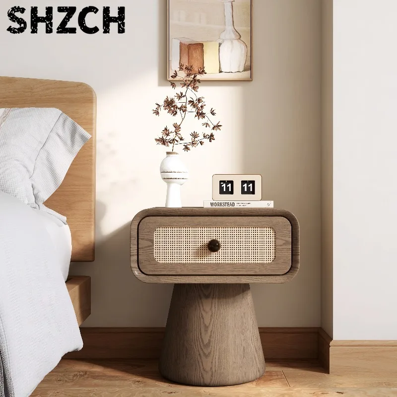 Woven Rattan Nightstand Mid-Century Modern Bedside Table Solid Wood  Living Room Sofa Side Cabinet Creative Storage New Arrivals