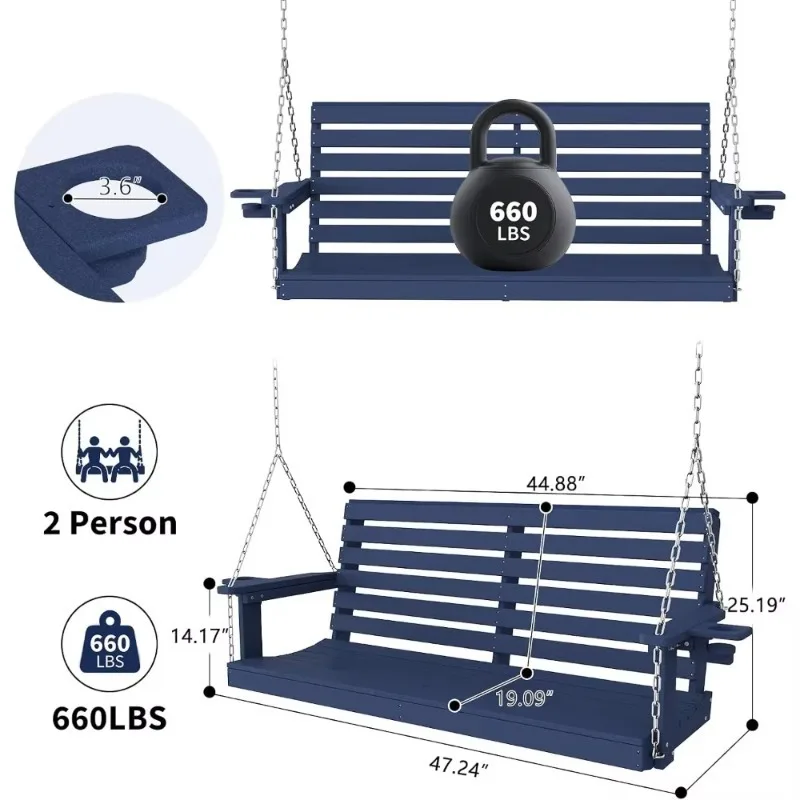 Two-Seat Porch Swing With Cup Holders, Waterproof, Durable, 660 Lbs Capacity, Quick Assembly, 3-Year Warranty