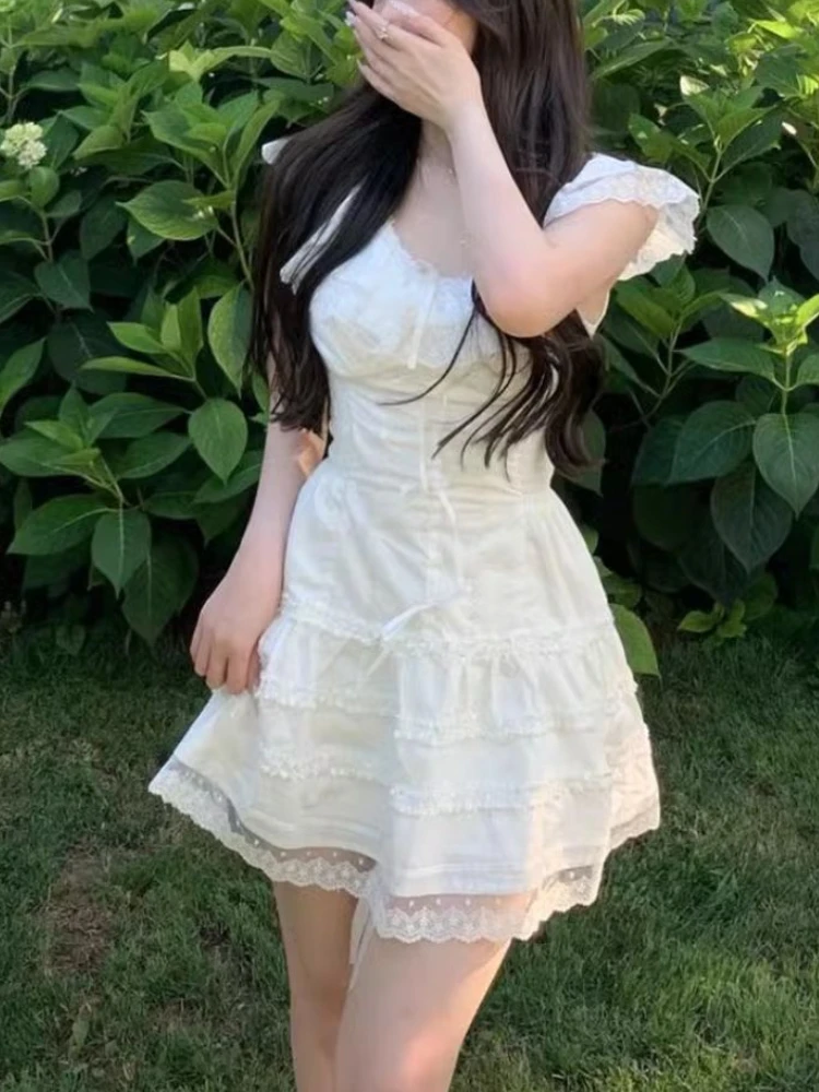 Sweet Fairy Lace White Mini Dress Women Japan Kawaii Bow Flying Sleeve One Piece Dress Summer Elegant Party Princess Dress 2024