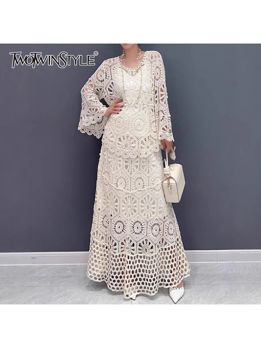 

TWOTWINSTYLE Solid Hollow Out Two Piece Set For Women O Neck Long Sleeve T Shirt High Waist Temperament Skirt Sets Female New