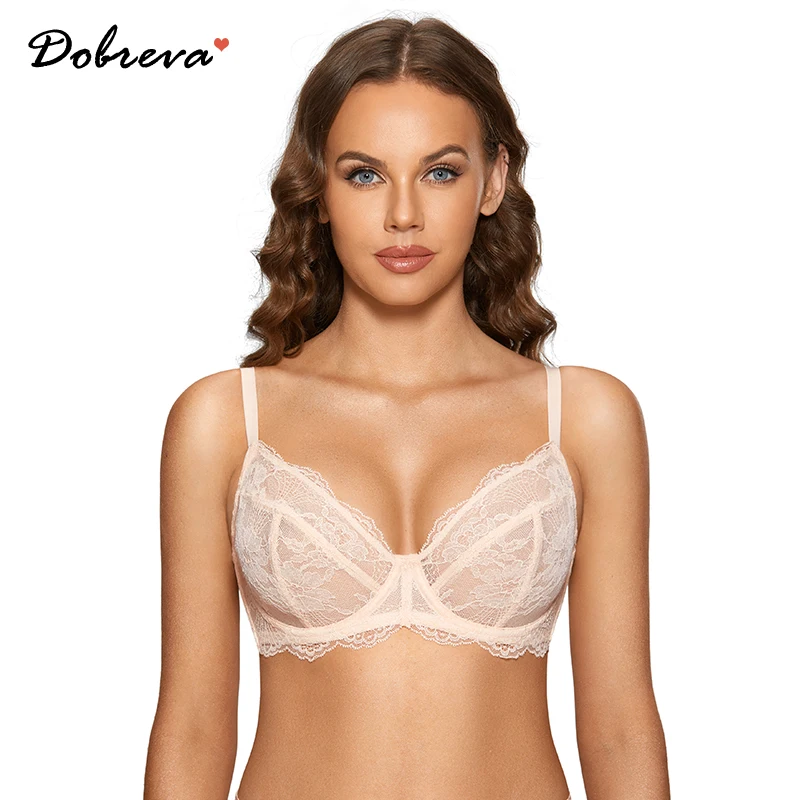 

DOBREVA Women's Floral Lace Bra See Through Plunge Sheer Bras Transparent Underwire Unlined Sexy Plus Size Minimizer