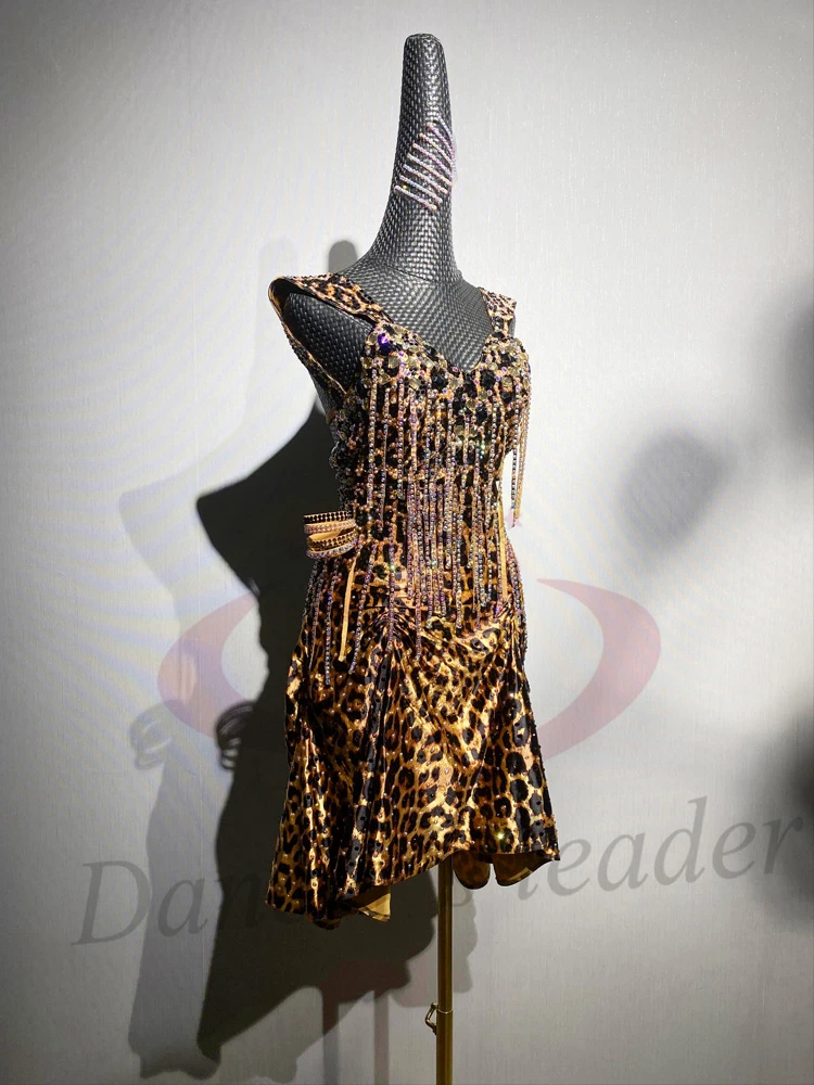 Latin Dance Adult Children'S Dress AB Stone High-End Custom Gold Tassel Leopard Print Dress Cha Cha Tango Women'S Clothing