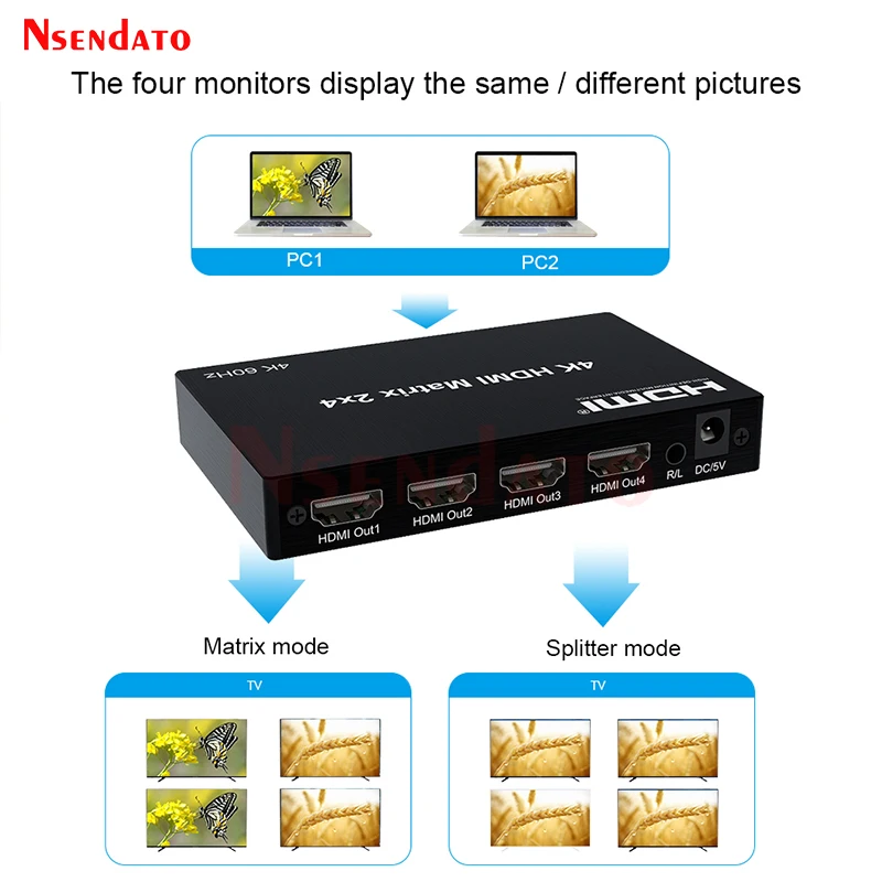 2x4 HDMI Matrix Switch 4K 60Hz HDMI Matrix 2 in 4 out Matrix HDMI Switch Splitter Audio Extractor For Dolby PC to TV Monitor