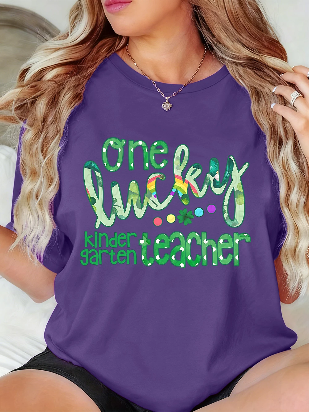 One Lucky Kindergarten Teacherprints T-Shirts für Damen, Basic-Kurzarm-Tops, weiche, lockere T-Shirts, Sommer-O-Ausschnitt, Damenkleidung