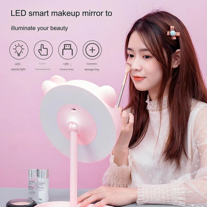 Portable Makeup mirror USB Rechargeable Compact LED Vanity Mirror with Touch Screen Dimming Makeup Mirror Home small night light