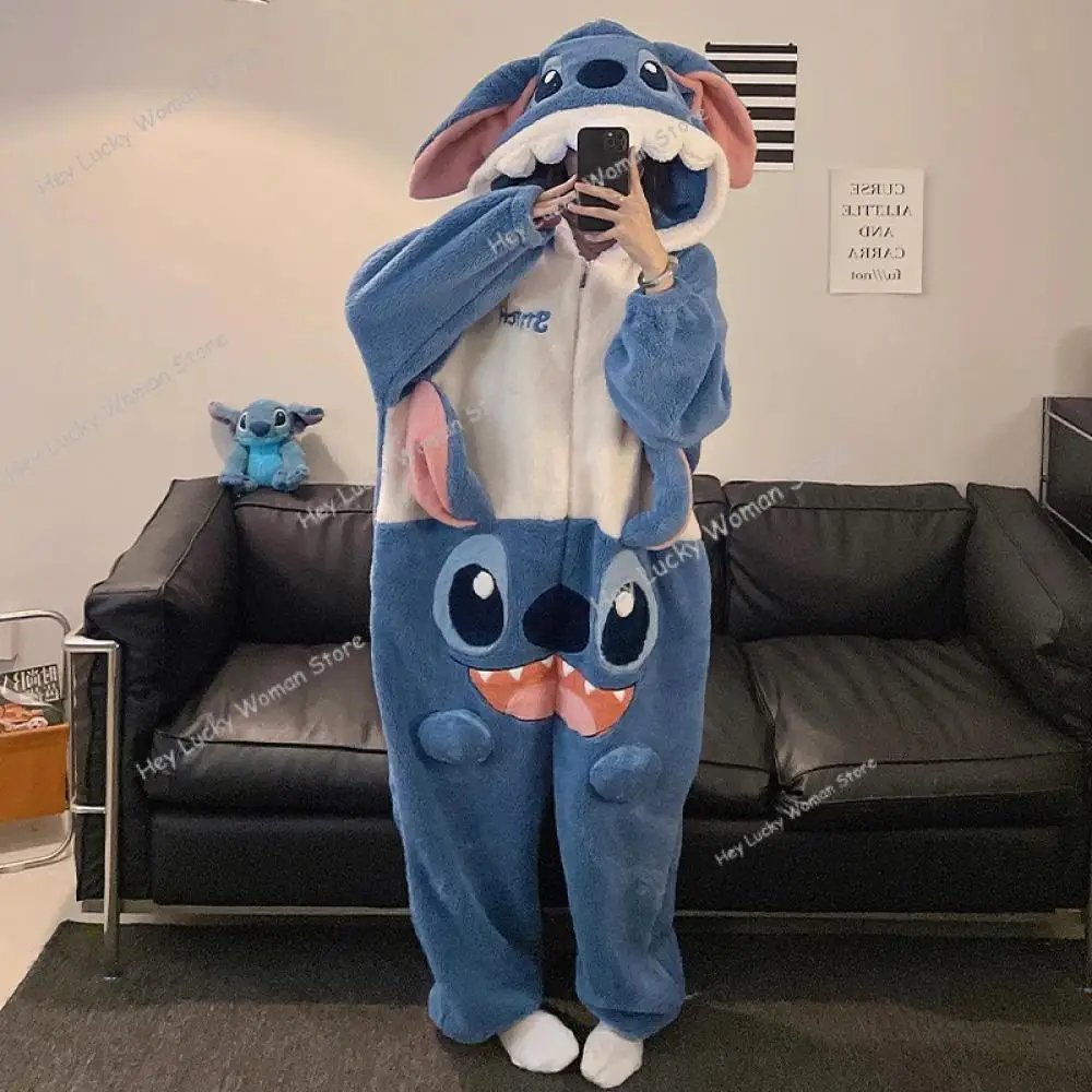 Cartoon Anime Stitch para Onesies piżama zimowa koralowa polarowa termiczna z kapturem duży rozmiar sweter męska Casual piżama damska