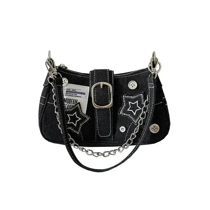 Y2K Women Korean Harajuku Goth Star Girl Black Hand Bag Fairy Grunge Aesthetic Wallet Shoulder Handbag Purses Baguette Tote Bags