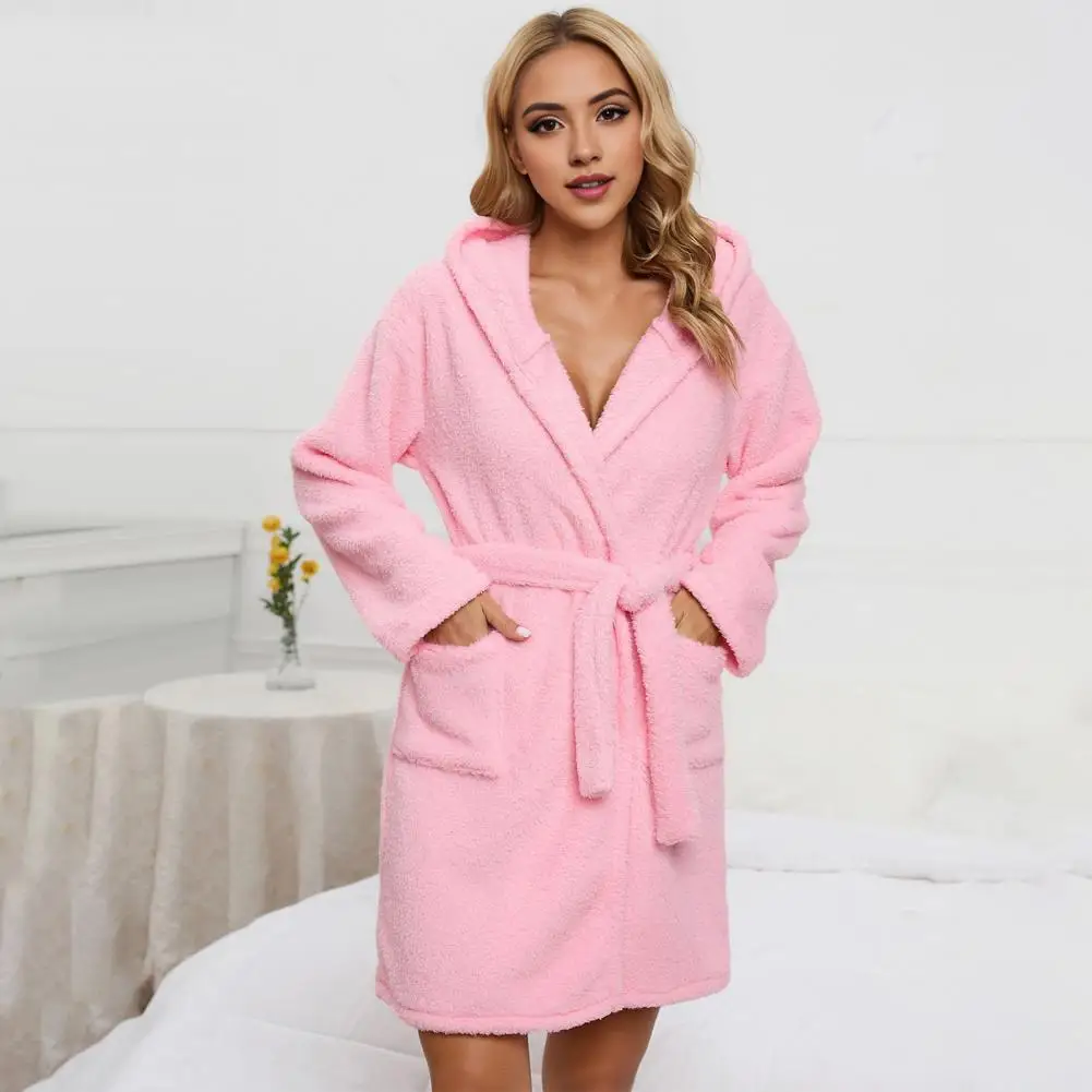 Double Velvet Night Robe Luxurious Velvet Hooded Nightgown with Adjustable Lace Up Belt for Women Cozy Winter for Ladies