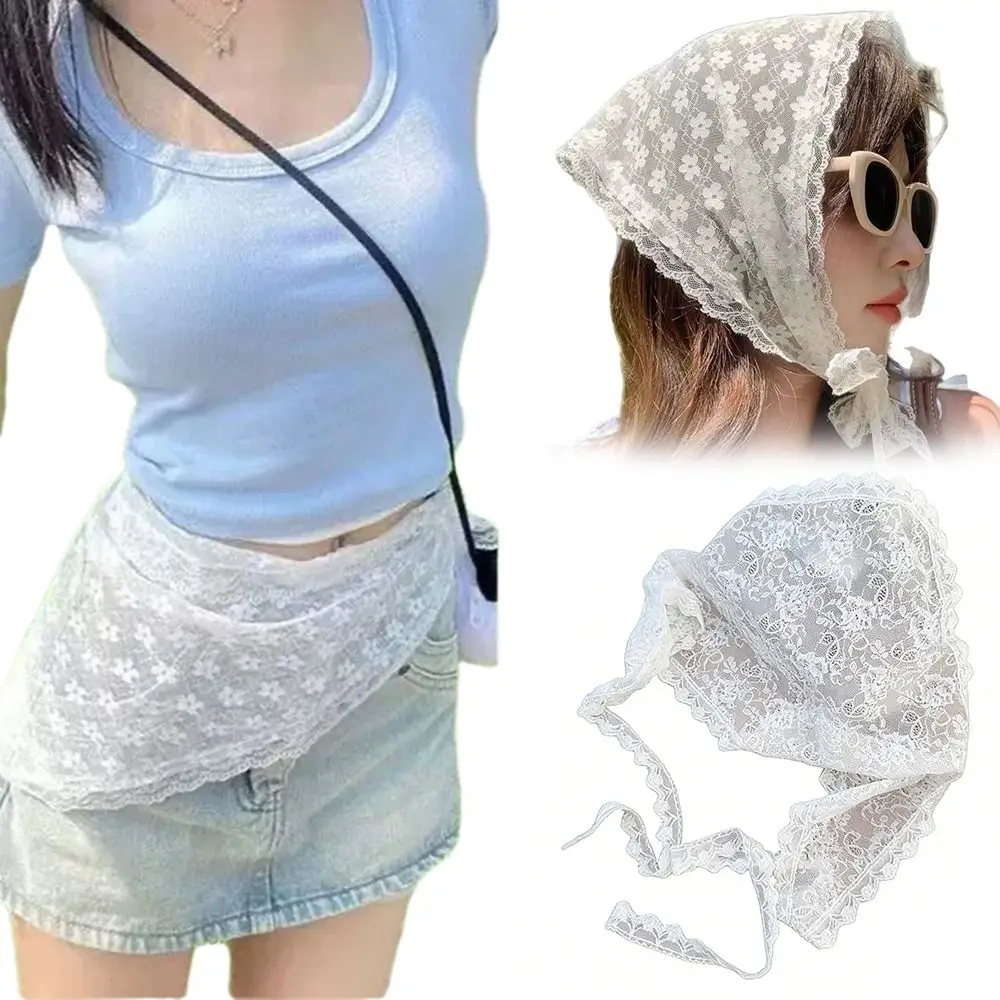 Casual Vintage Lace Flower Hair Scarf Shawl Cute Chic Style Sweet Headscarf Bohemian Thin Bandanas for Women Pastoral Style