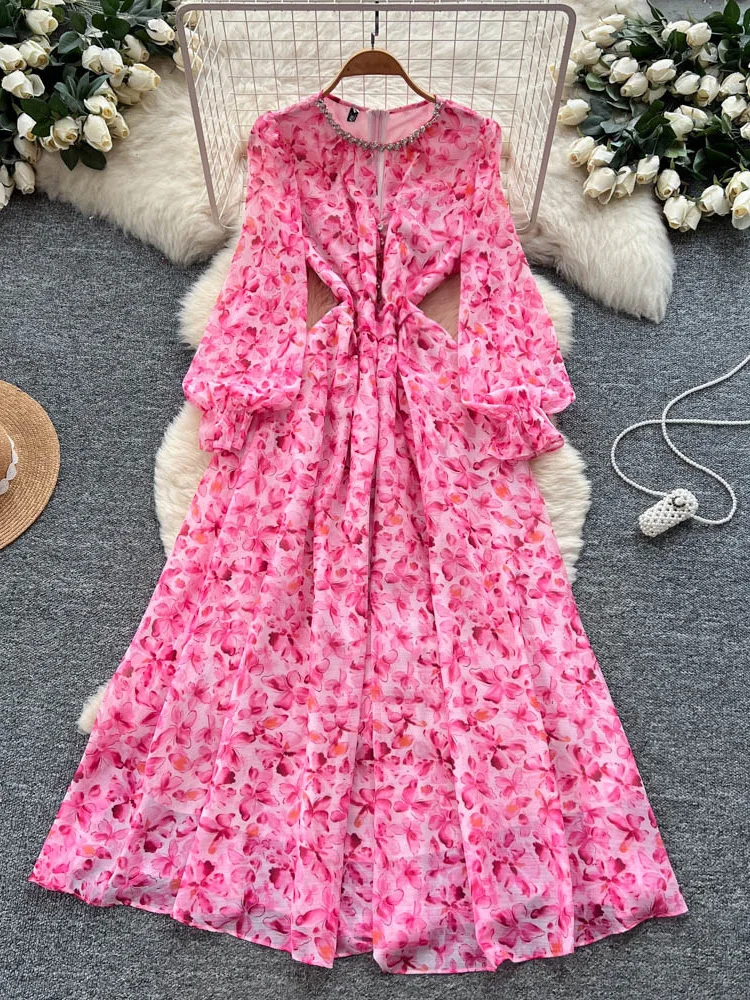 

Весенне-осеннее французское розовое платье с цветочным принтом, женское, новое, модное, с вырезами, с длинным рукавом, приталенное, А-силуэт, длинное платье S386