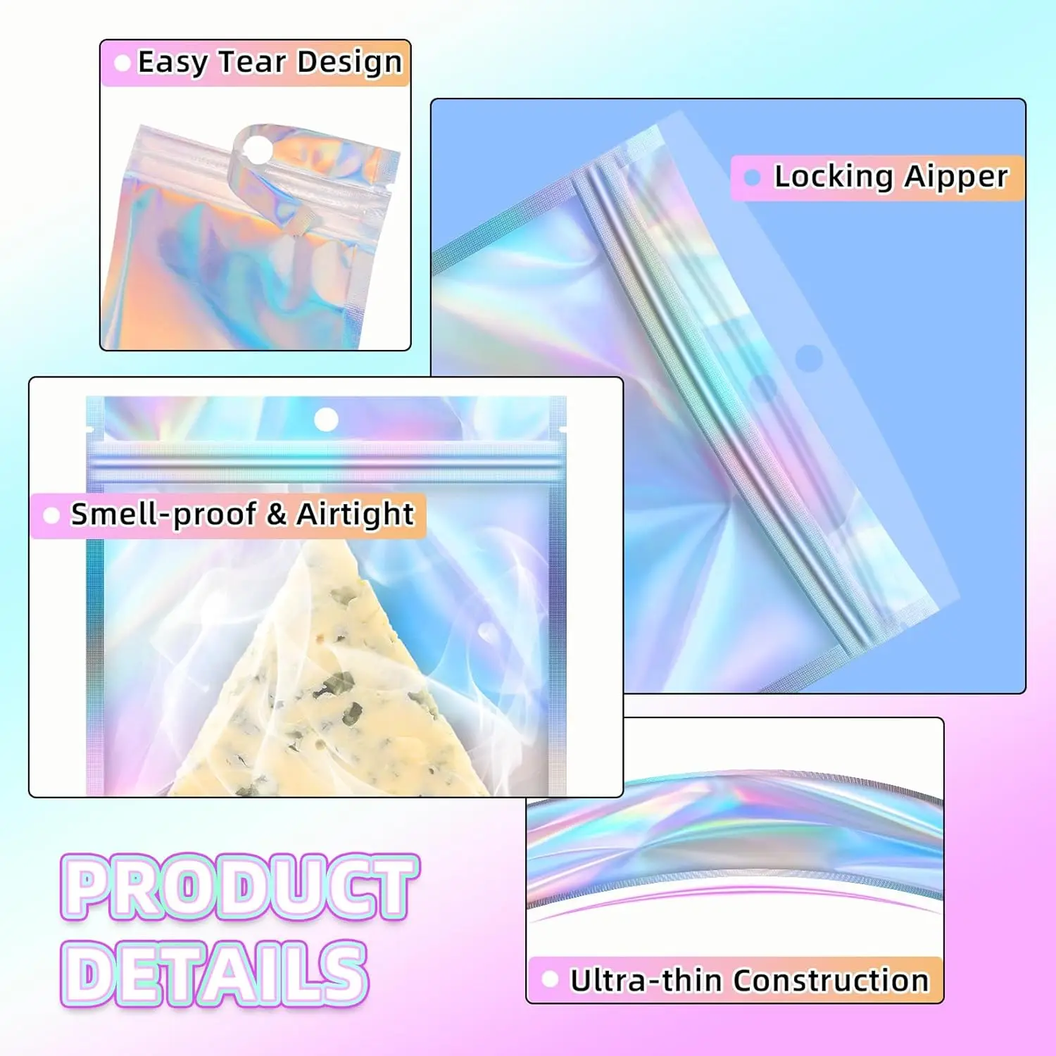 50-10Pcs Laser Sealing Bag Holographic Resealable Bags Zipper Pouch Packaging Storage Bag for Food Storage Candy Favor Supplies