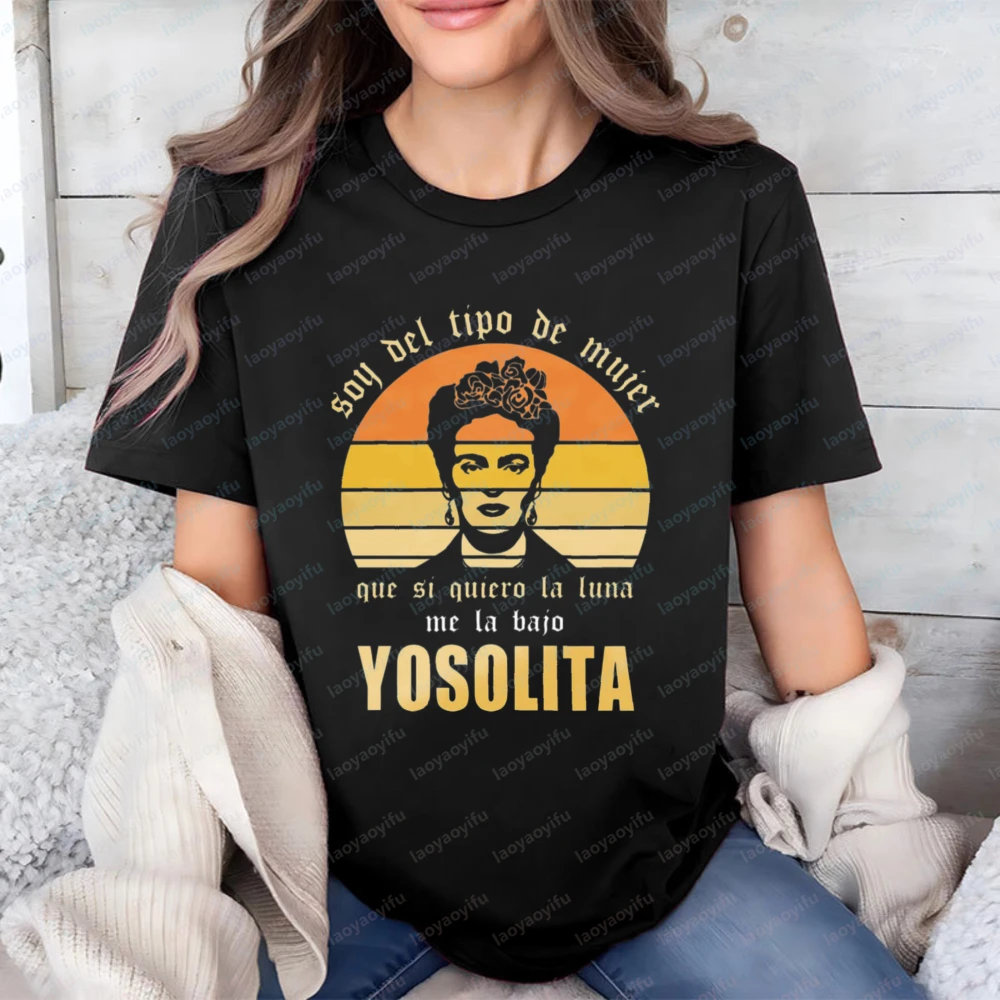 Frida Kahlo T-Shirt Retro Sunset Graphic Tops Feminist Strength Casual Cotton Tee Simple Summer Trendy Vintage Clothes for Women