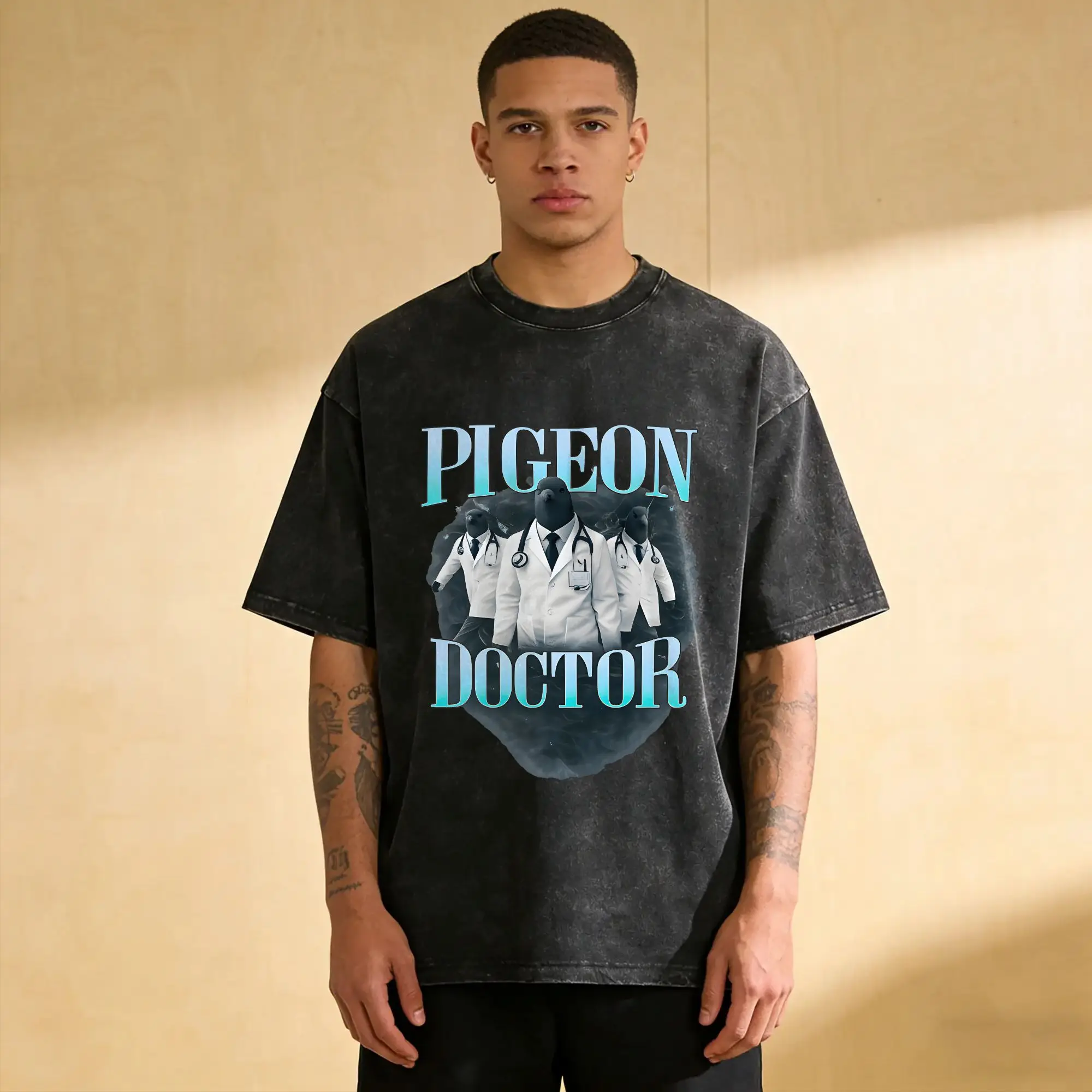 2026 New Brainrot Internet Meme Doctor Pigeon Men's T Shirt Washed  Novelty Tees Short Sleeve Round New Arrival Tops