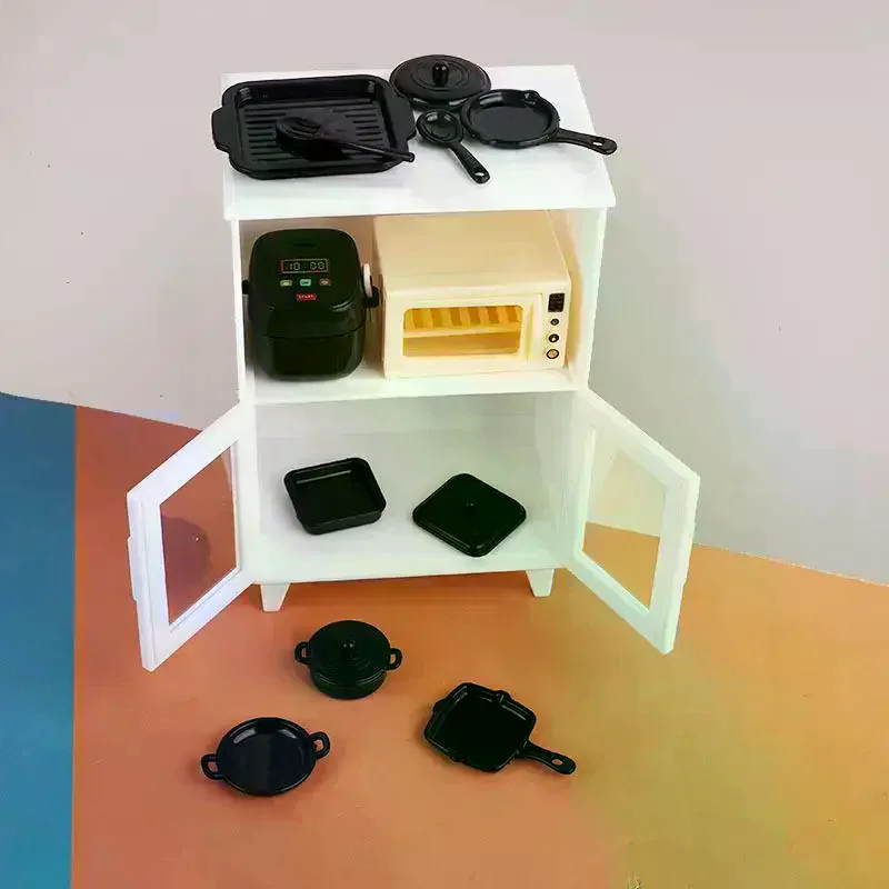 1 Conjunto 1:12 Miniatura de Comida para Brincadeira de Faz de Conta, Acessórios de Mobiliário para Casa de Bonecas, Kit de Brinquedo de Cozinha, Miniatura de Panelas de Arroz e Armário