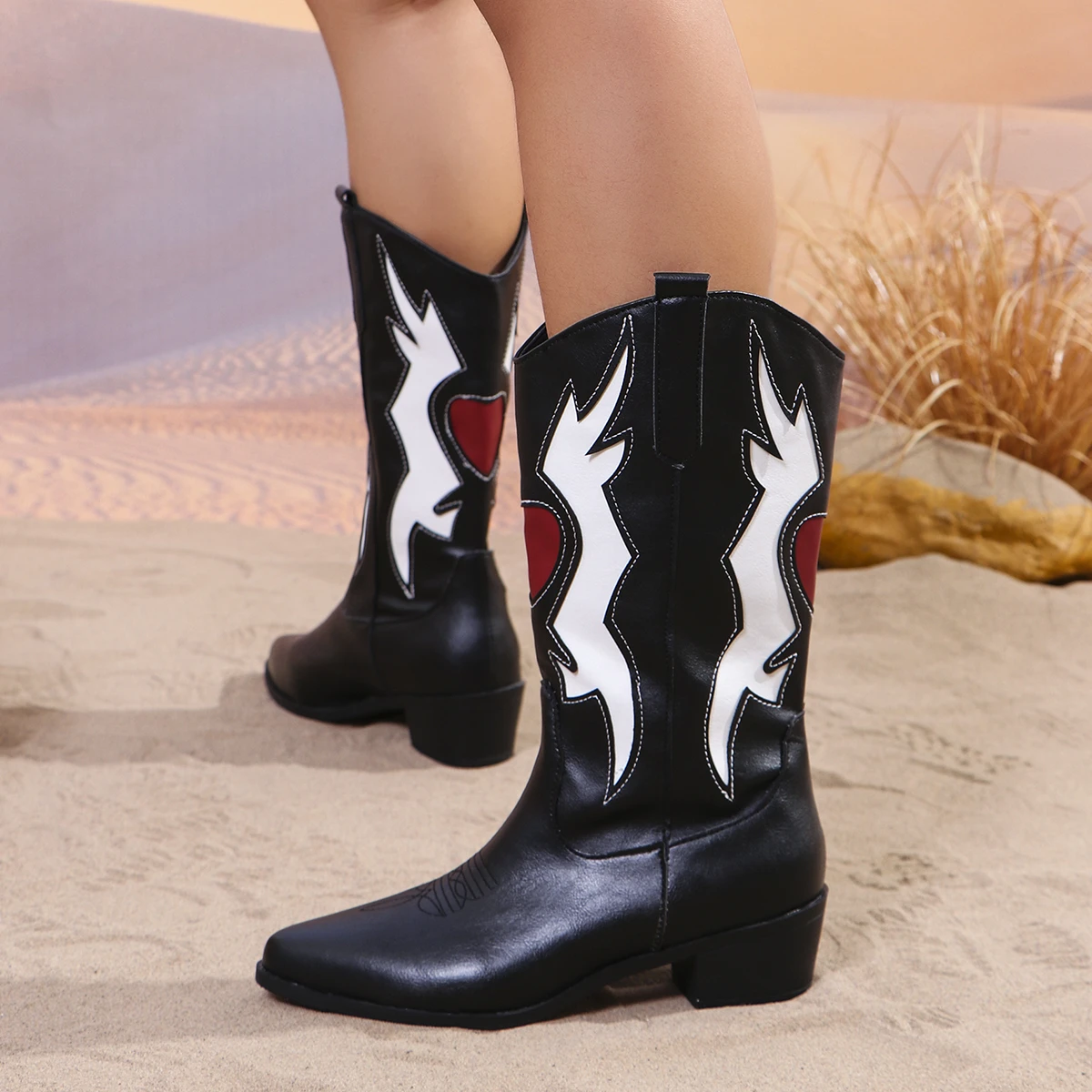 Women\'s Calf Boots Cowboy Boots Girls Chunky Heels Retro Punk Western Boots Embroidered Shoes Leather Mid-calf Boots for Women