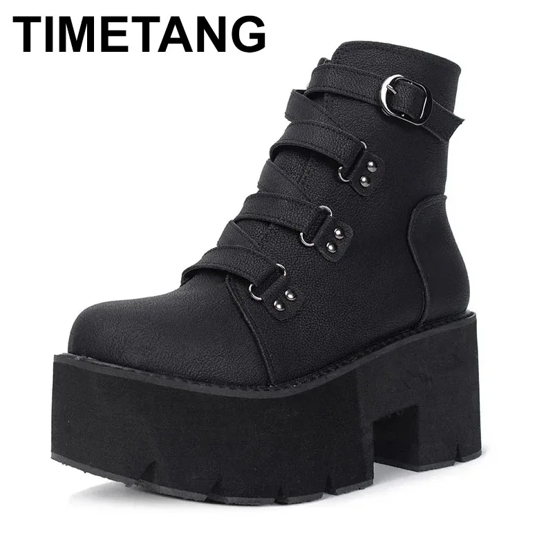 

2025 Autumn Ankle Boots Women Platform Boots Rubber Sole Buckle Black High Heels Shoes Woman Comfortable platform shoes