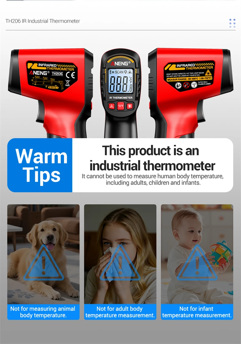 ANENG TH206 Infrarot-Thermometer ‑50 ℃ ‑400 ℃ 12:1 D:S-Verhältnis Laser-Zielung ℃ / ℉ Berührungsloser Temperaturmesser mit Datenhaltefunktion und Hintergrundbeleuchtung – Detail 16