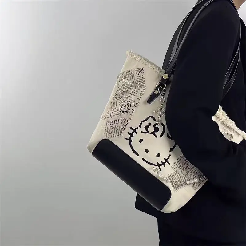 

MBTI Y2k Hello Kitty Womens Tote Bag Canvas Patchwork Letter Vintage Large Capacity Shoulder Bag Cute Fashion New Female Handbag