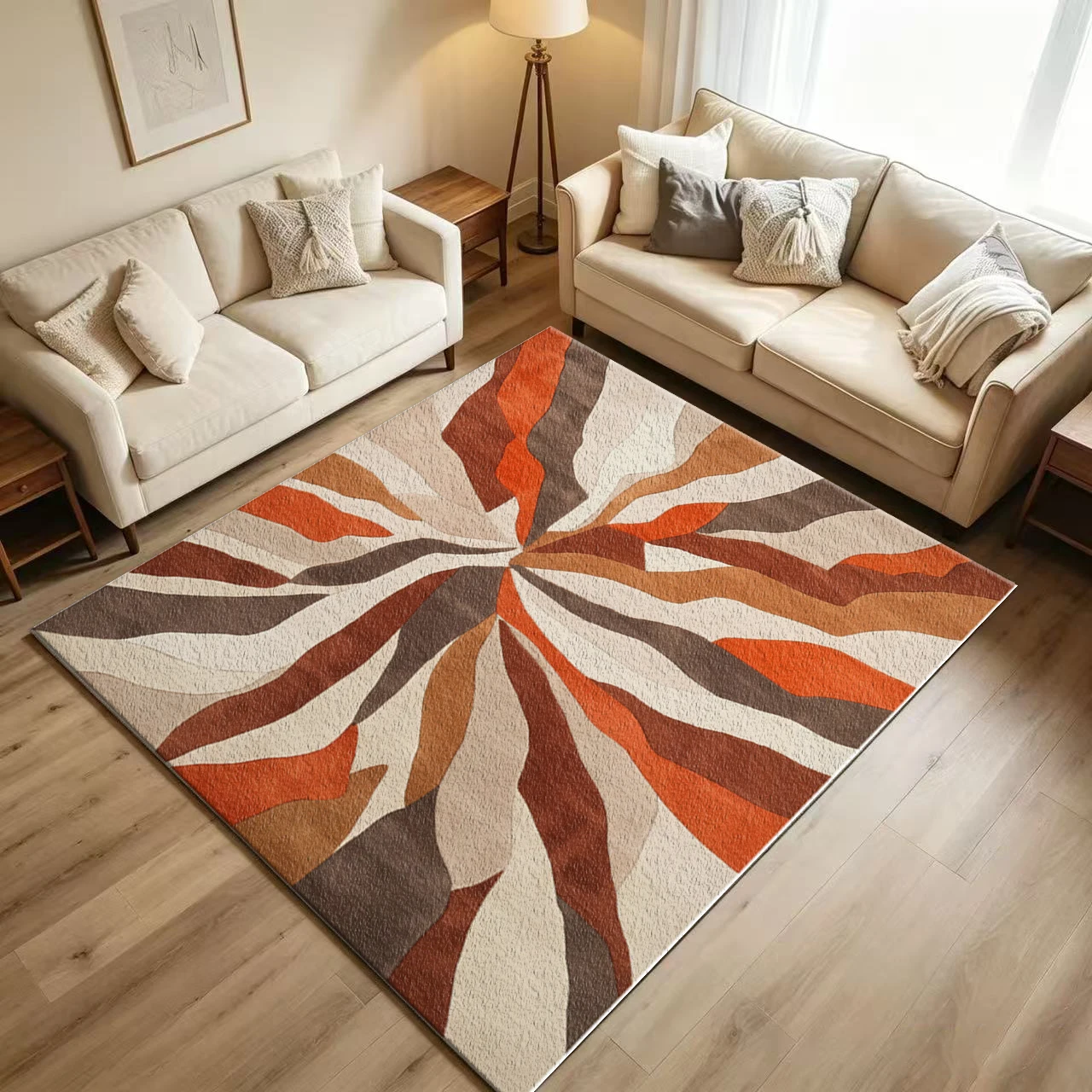 Medieval-Style Burnt Orange Brown Radial Abstract Pattern Carpet, Non-Slip and Washable, Suitable for Living Room, Vintage Modern Home Decor