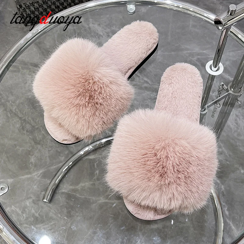 New Woman Slippers Winter Simple Word Fur Flats Soft Home Women Slippers Faux Fur Warm Bedroom Leisure Female Shoes