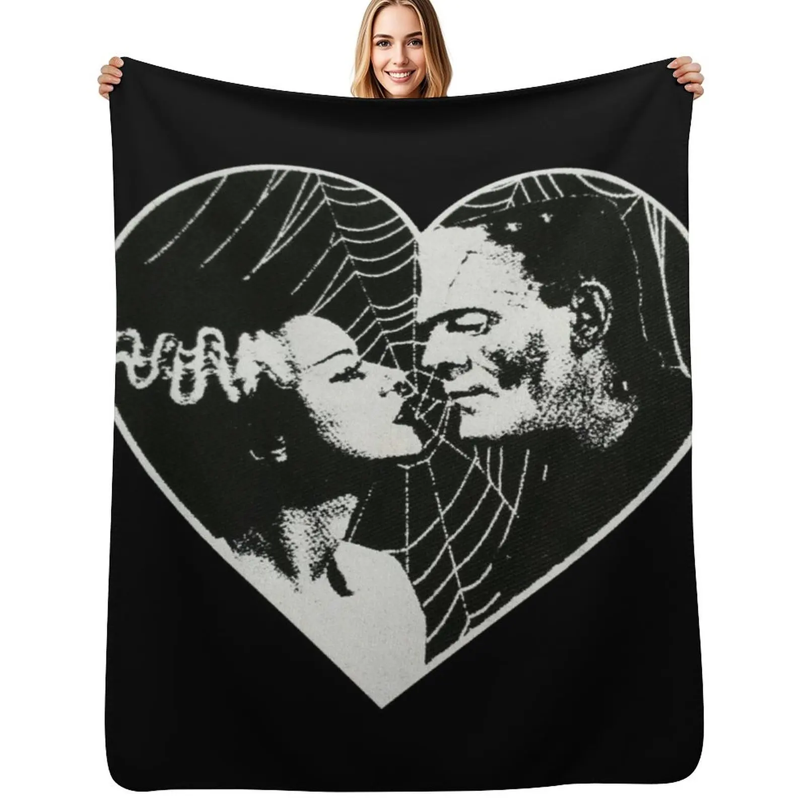 Frankenstein and Bride Goth Emo Heart Throw Blanket Warm Plush Fuzzy Blanket for Living Room