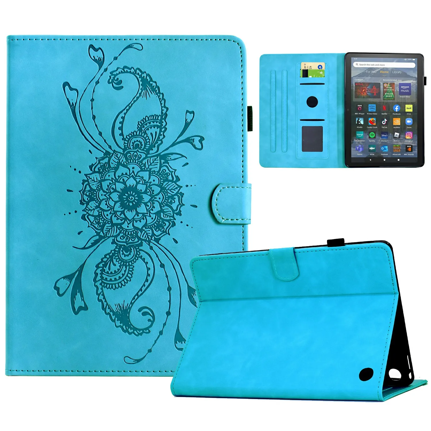 

For Amazon Fire 7 (2022) Case Mandala Imprinted Leather Tablet Cover with Card Slots - Sky Blue