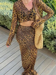 JULISSA MO Sexy See Through Print Leopard Women Skirt Suit Long Sleeve T-shirts Long Skirts Summer Skinny Elegant Two Piece Sets