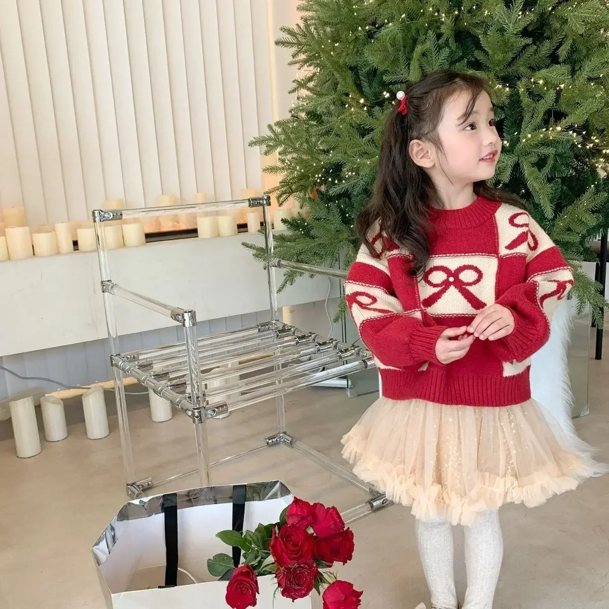 2024 Girls Sweater Thick Loose Childrens Autumn Winter Fashion Knitted Sweater with Bow Top for Girls Red Sweater E5015