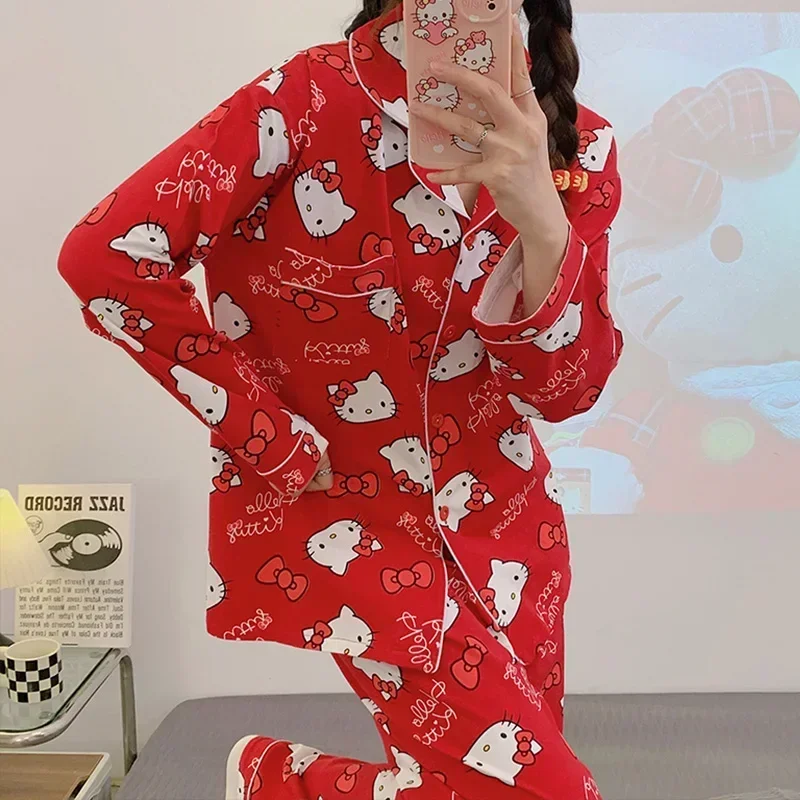 Sanrio hello kitty Herbst Baumwolle Damen Pyjama Seiden pyjama Damen Langarmhose Komfort und lässige zweiteilige Hauskleidung