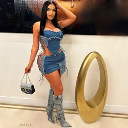 Sexy Night Club Festival Outfit Women Skirt Sets Y2K Clothing Denim Halter Lace-up Crop Top and Mini Skirt 2 Piece Set Birthday