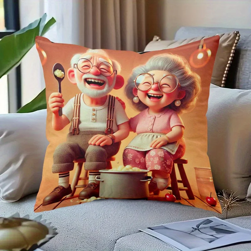 1pc 2D Flat (Pillow Not Included) Happy Elderly Couple Cooking Pot Laughing Cartoon Decor Soft Plush Cushion Case Kitchen Fun