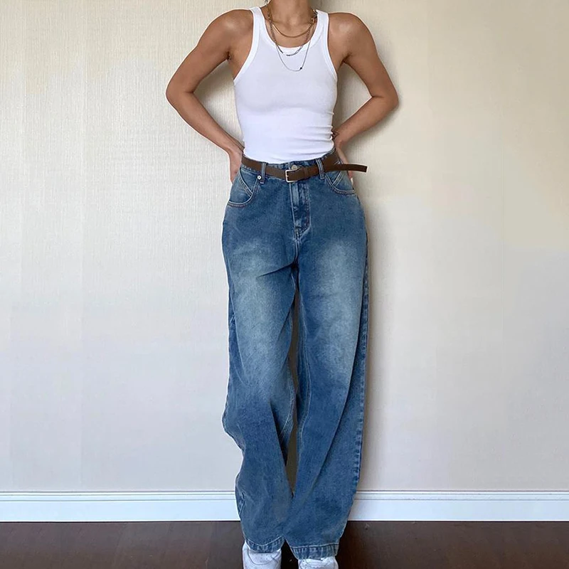 Lucyever Vintage Streetwear Baggy Jeans Women High Waist Wide Leg Y2K Denim Pants Woman Casual with Belt Boyfriend Mom Trousers