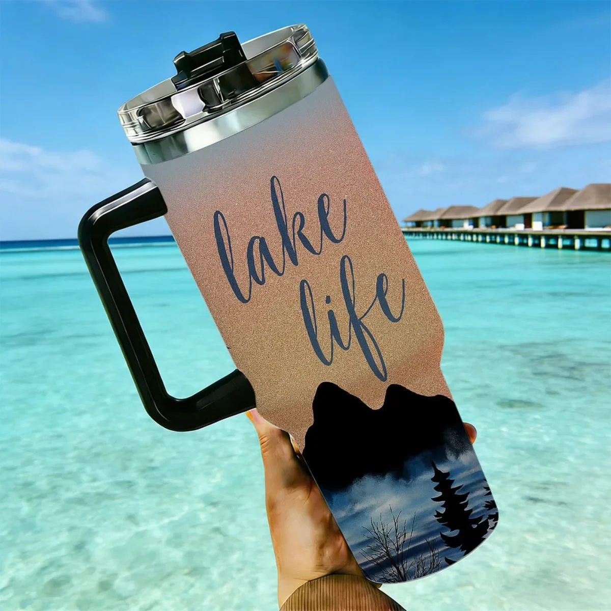 40oz Tumbler with Handle Lake Life Mountain Scenery Print Insulated Cup, Other colors sold out, random black or white shipment for other color orders