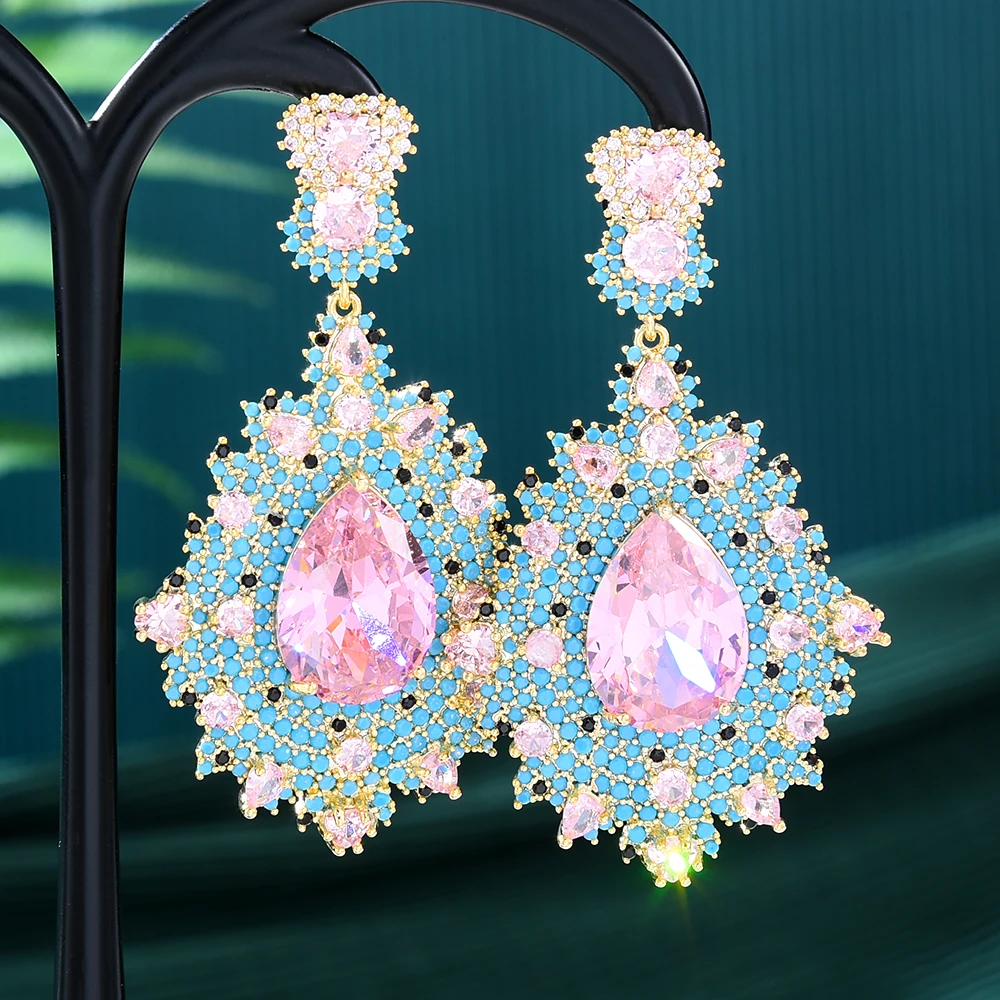 Missvikki Luxury Sky Blue Pink Pendant Earrings for Women Girl Daily Bridal Wedding Jewelry Romantic Present Gift High Quality