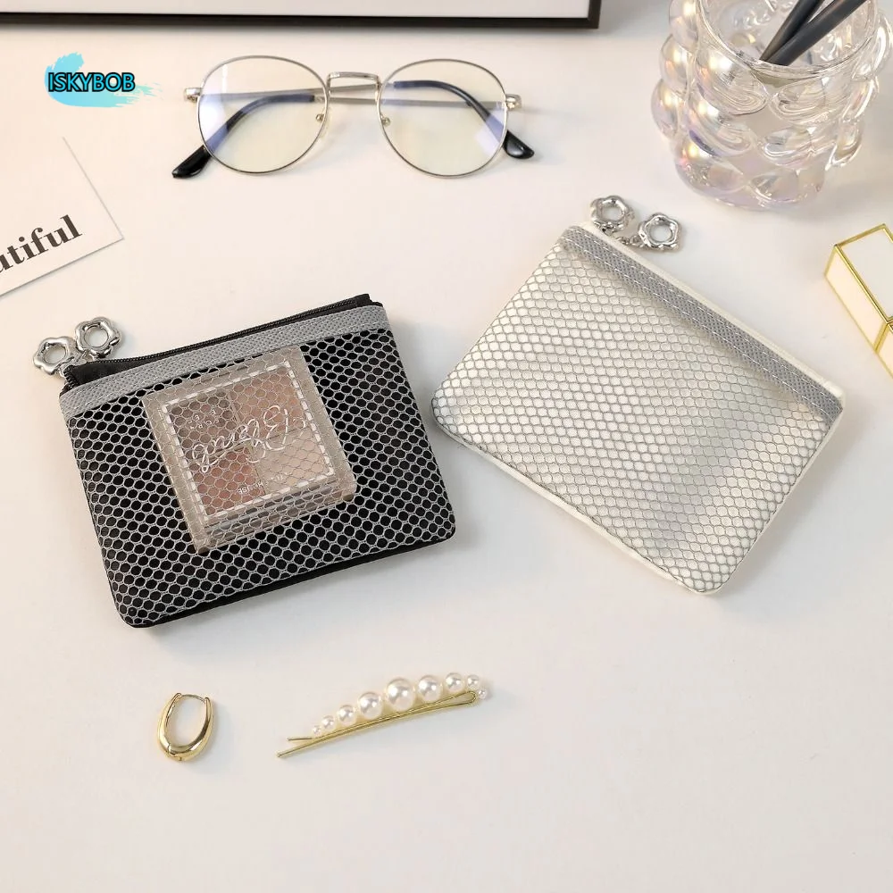 

Portable Double Layer Mesh Coin Purse Zipper Transparent Mini Cosmetic Bag Card Bag Grid Small Makeup Bag Travel