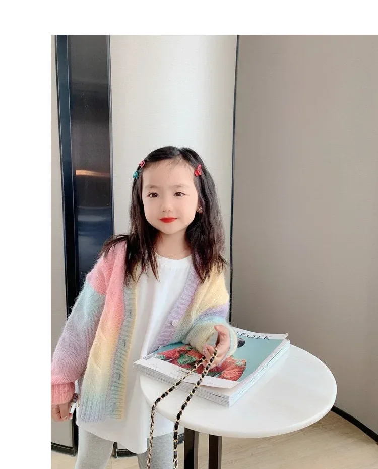 Girls Sweater Coat Autumn Gradient Cardigan Sweater 2023 New Childrens Rainbow Net Red Fashion Style Casual Girls Coat Top