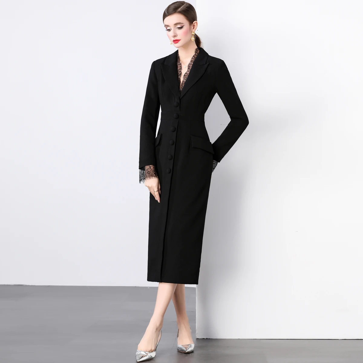 Elegant Autumn Black Blazer Dress Women Notched V-Neck Single-Breasted Long Sleeve lace Trims Bodycon Dress Office Lady Formal