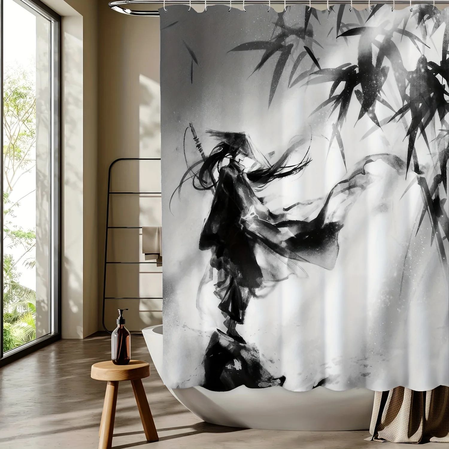 الخيزران فارس الحبر اللوحة نمط دش الستار الحمام ديكور المنزل الحرة هوك مادة البوليستر الطباعة من جانب واحد