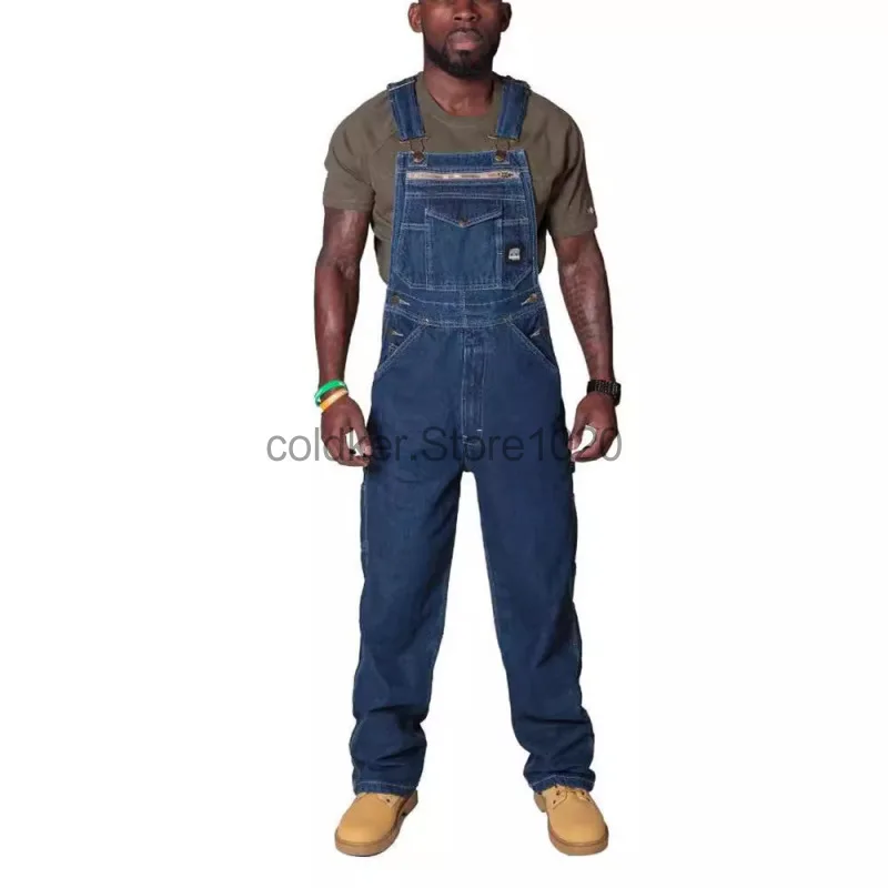 2024 Men\'s Denim Cargo Trousers Blue Multi Pocket Jumpsuit Solid Summer Fashion Splice Straight Rompers Men Casual Streetwear